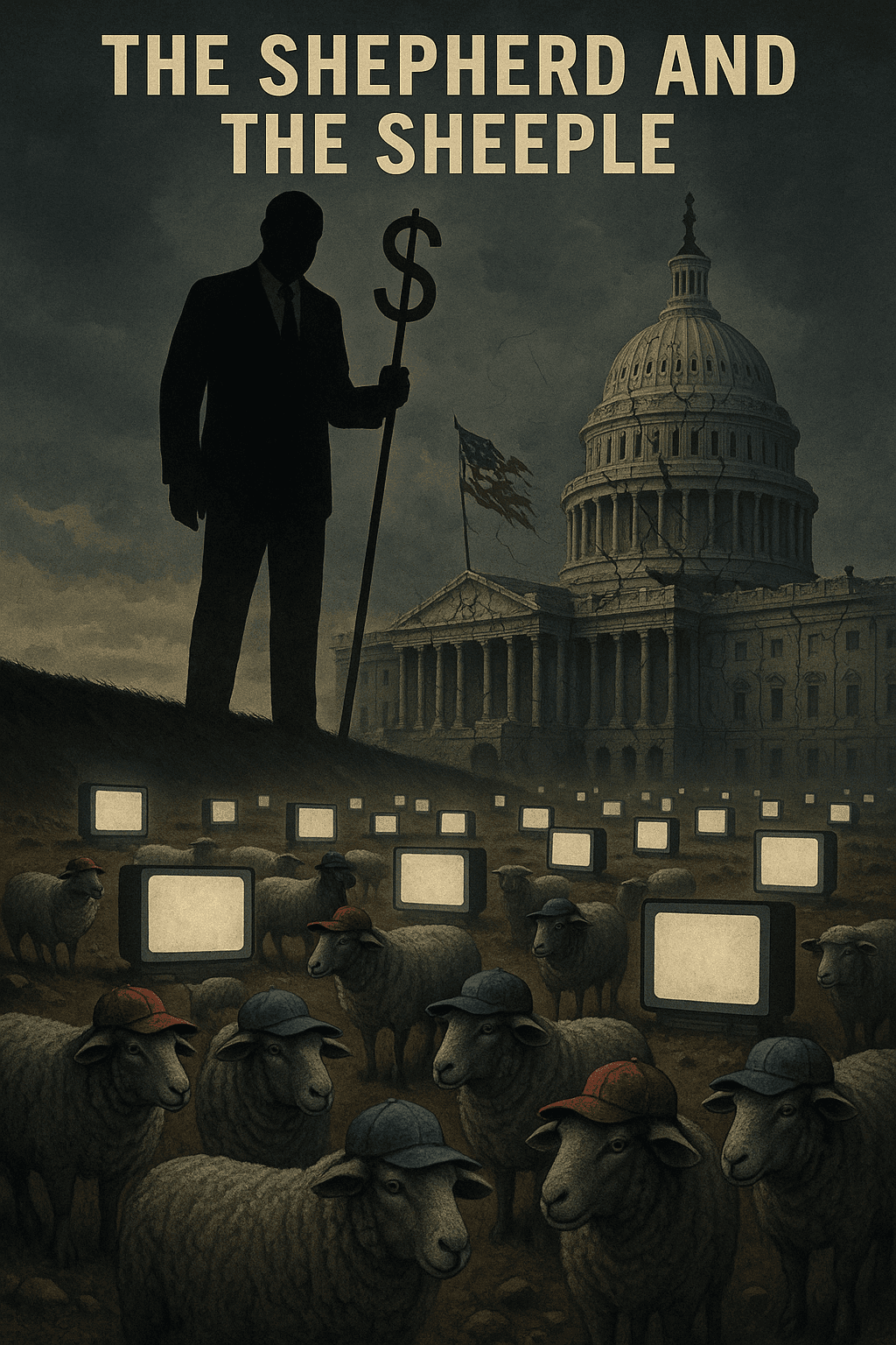 A silhouette of a man holding a dollar sign looms over a flock of sheep wearing caps, with the U.S. Capitol building and vintage televisions in the background.