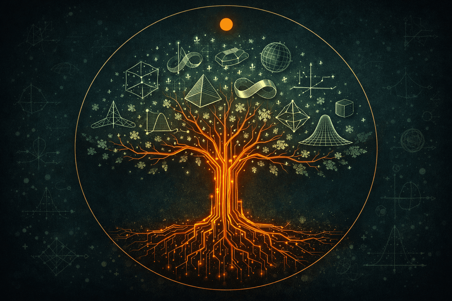 A stylized tree with glowing roots and branches, surrounded by geometric shapes and symbols, set against a dark, textured background.