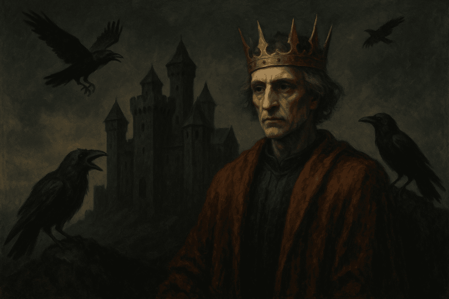 A regal man wearing a crown and a red robe stands solemnly in the foreground, flanked by ravens, with a dark castle and stormy sky in the background, depicted in a moody, painterly style.