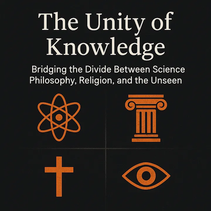The blog cover features a dark background with the title "The Unity of Knowledge" at the top and four orange icons representing science, philosophy, religion, and the unseen arranged in a grid.