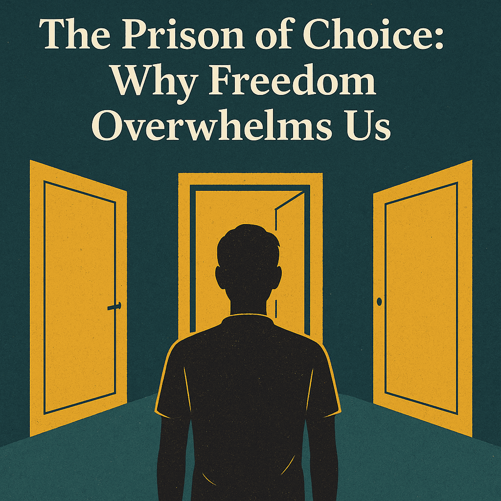 A silhouette of a person stands in front of two open doors against a green background, with the title "The Prison of Choice: Why Freedom Overwhelms Us" in bold white letters above.