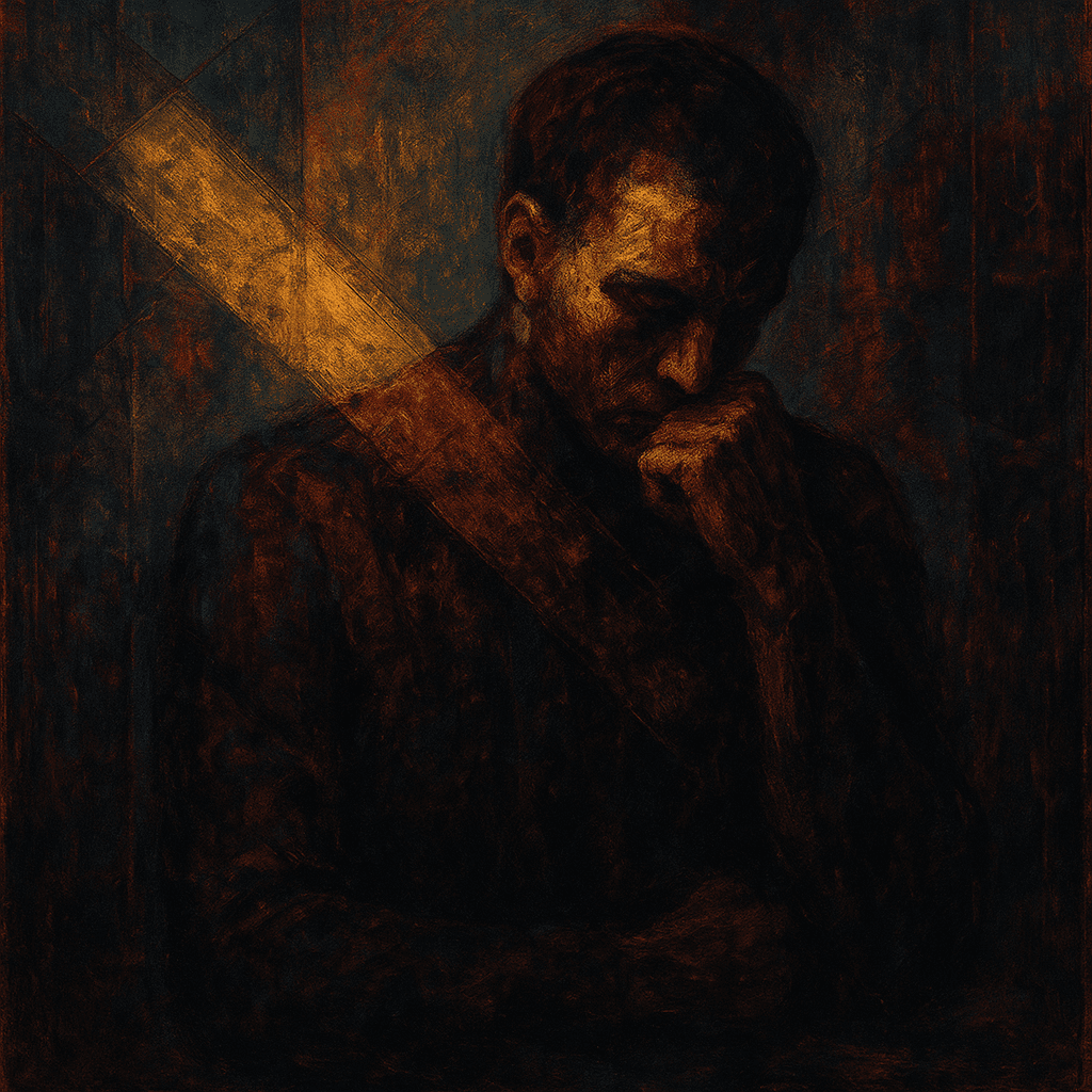 A shadowy portrait of a pensive man resting his chin on his hand, depicted in dark, emotive tones with a striking yellow beam of light across his figure.