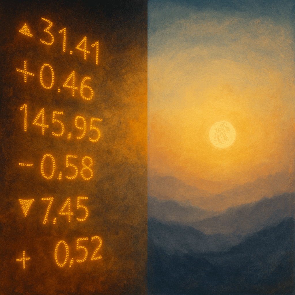 An abstract painting featuring a sunset with gradient colors on one side and glowing financial data symbols and numbers on the other, juxtaposing nature and commerce.