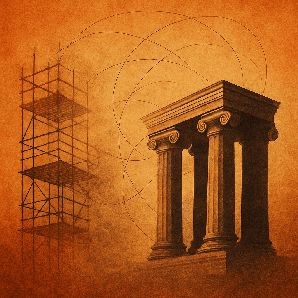 A classical columned structure stands beside a scaffolding frame, all rendered in a warm, sepia-toned illustration style.