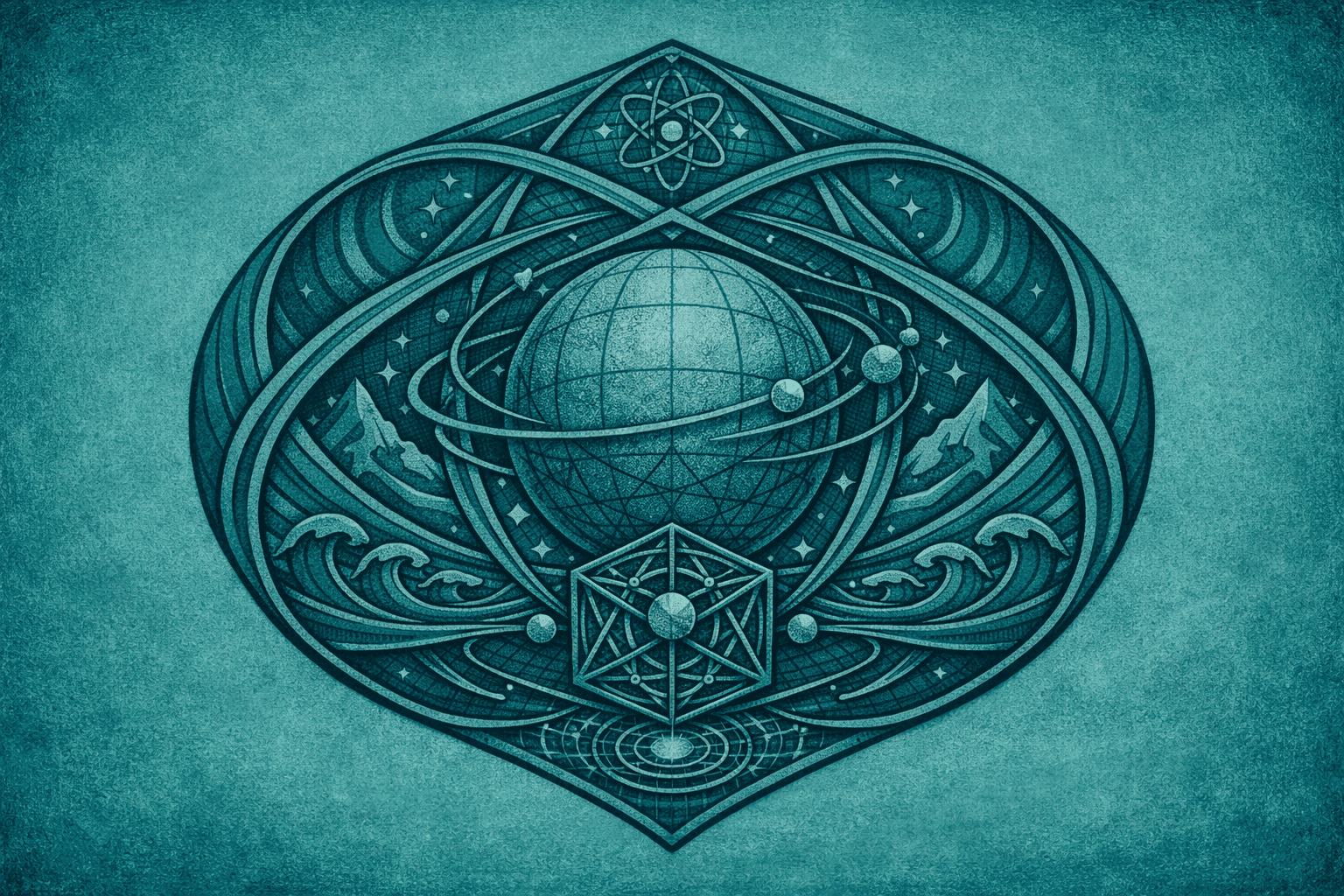 A detailed geometric illustration featuring a globe surrounded by planetary orbits, atom symbols, and abstract waves, all rendered in a teal color scheme.