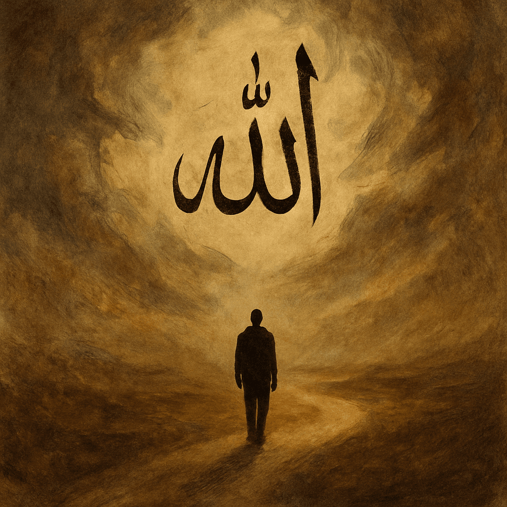 A silhouetted figure walks along a path towards a glowing background featuring the Arabic word for "God" (الله) in an artistic, ethereal style.