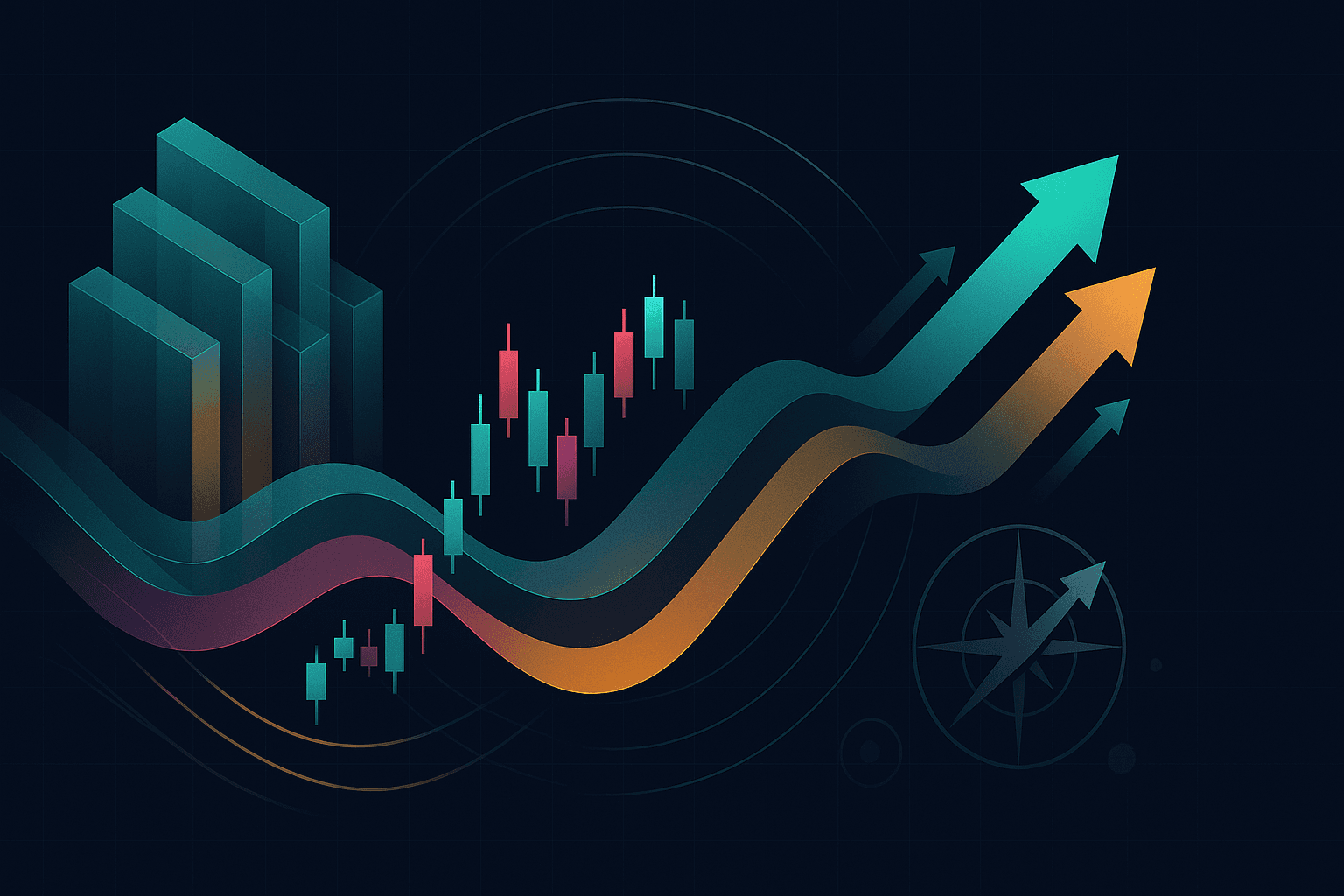 Rising candlesticks and bar charts with flowing trend bands and upward arrows beside a compass, conveying market momentum and direction.