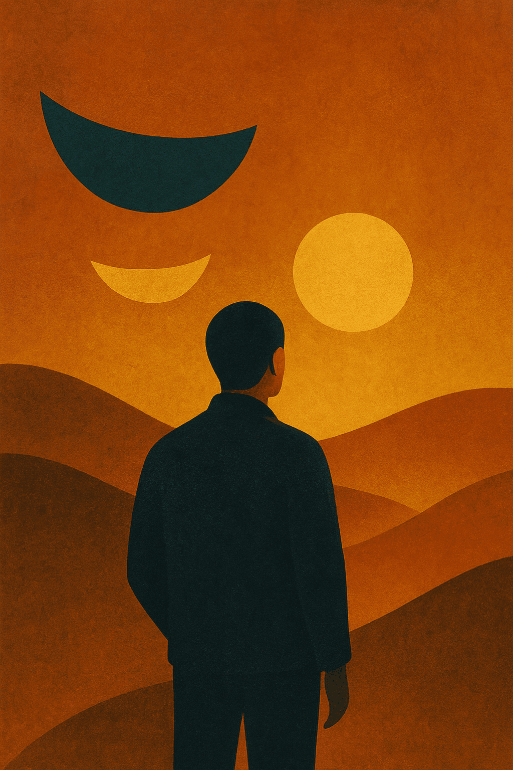 A silhouette of a man stands facing a sunset with a stylized, abstract landscape and two crescent shapes above, depicted in warm hues of orange and yellow.