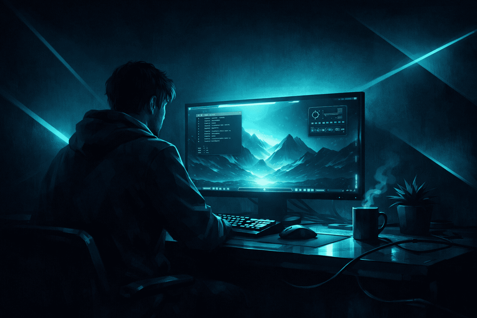 A person sitting at a desk using a computer, surrounded by a dark, blue-toned environment with mountains displayed on the screen, a steaming mug, and a small plant.