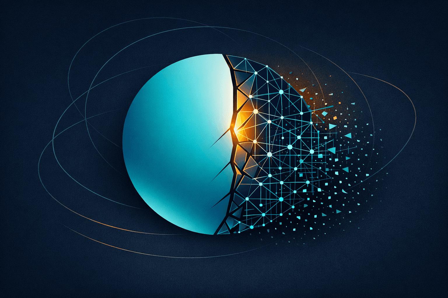 A stylized, abstract representation of a half-moon with a gradient from blue to orange, featuring geometric shapes and a network of lines dispersing into particles against a dark background.