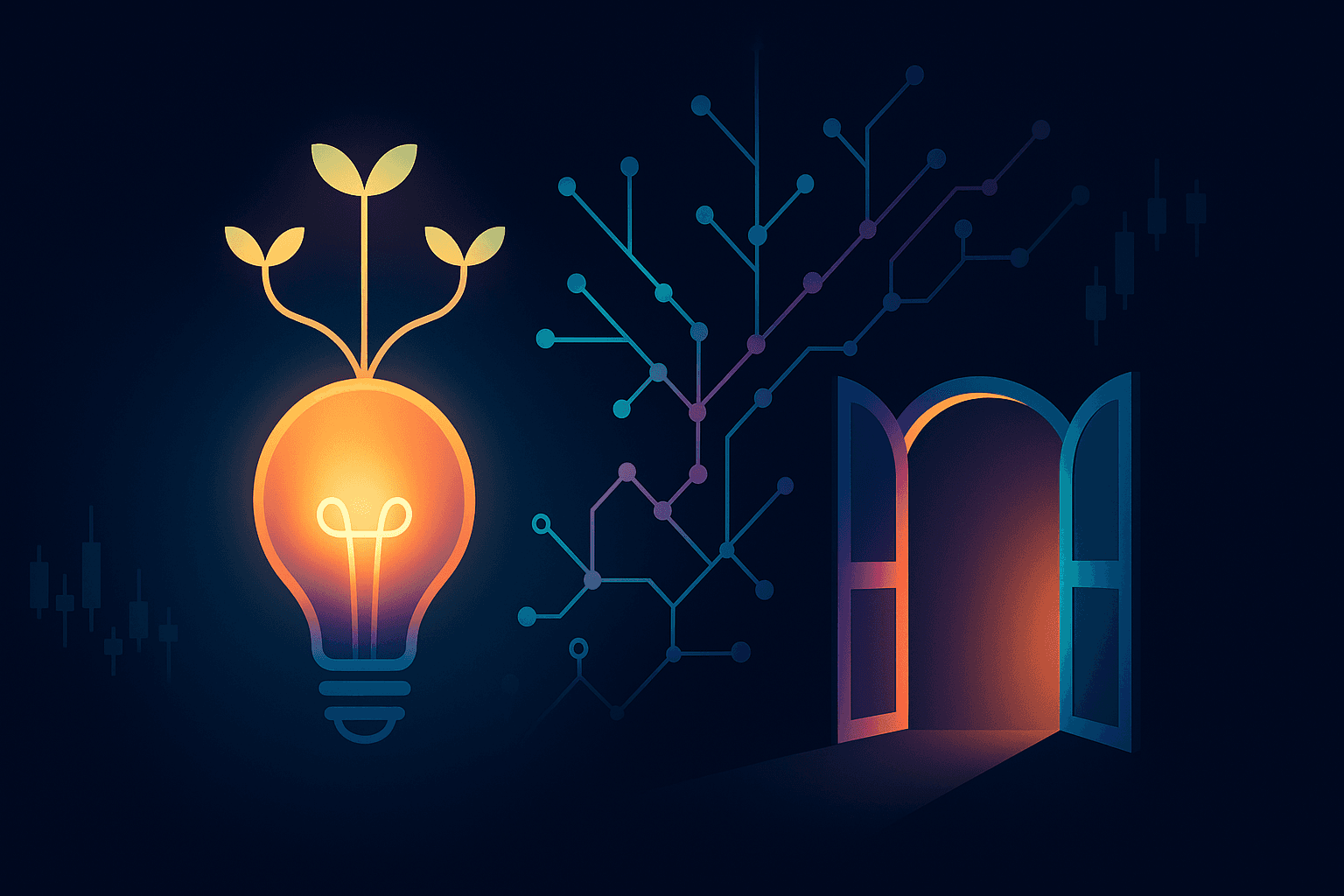 Glowing lightbulb sprouting leaves beside a branching network and an open doorway, hinting at innovation, systems, and new opportunities.