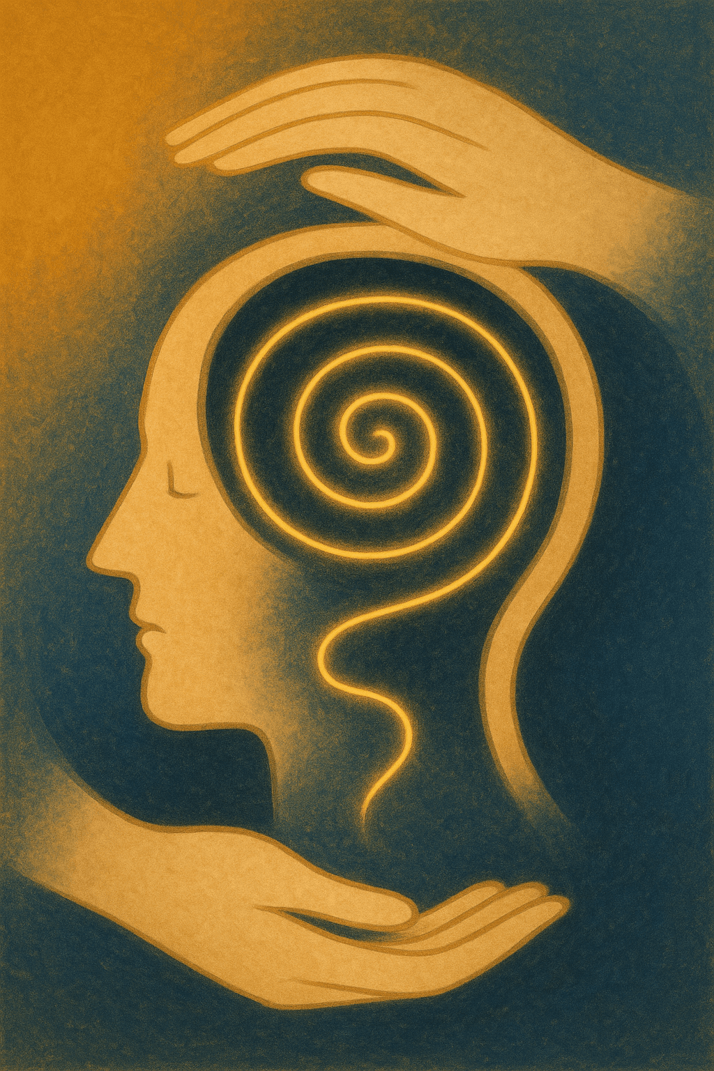 A stylized illustration depicting a human head with a swirling pattern inside, surrounded by two hands, set against a gradient background.