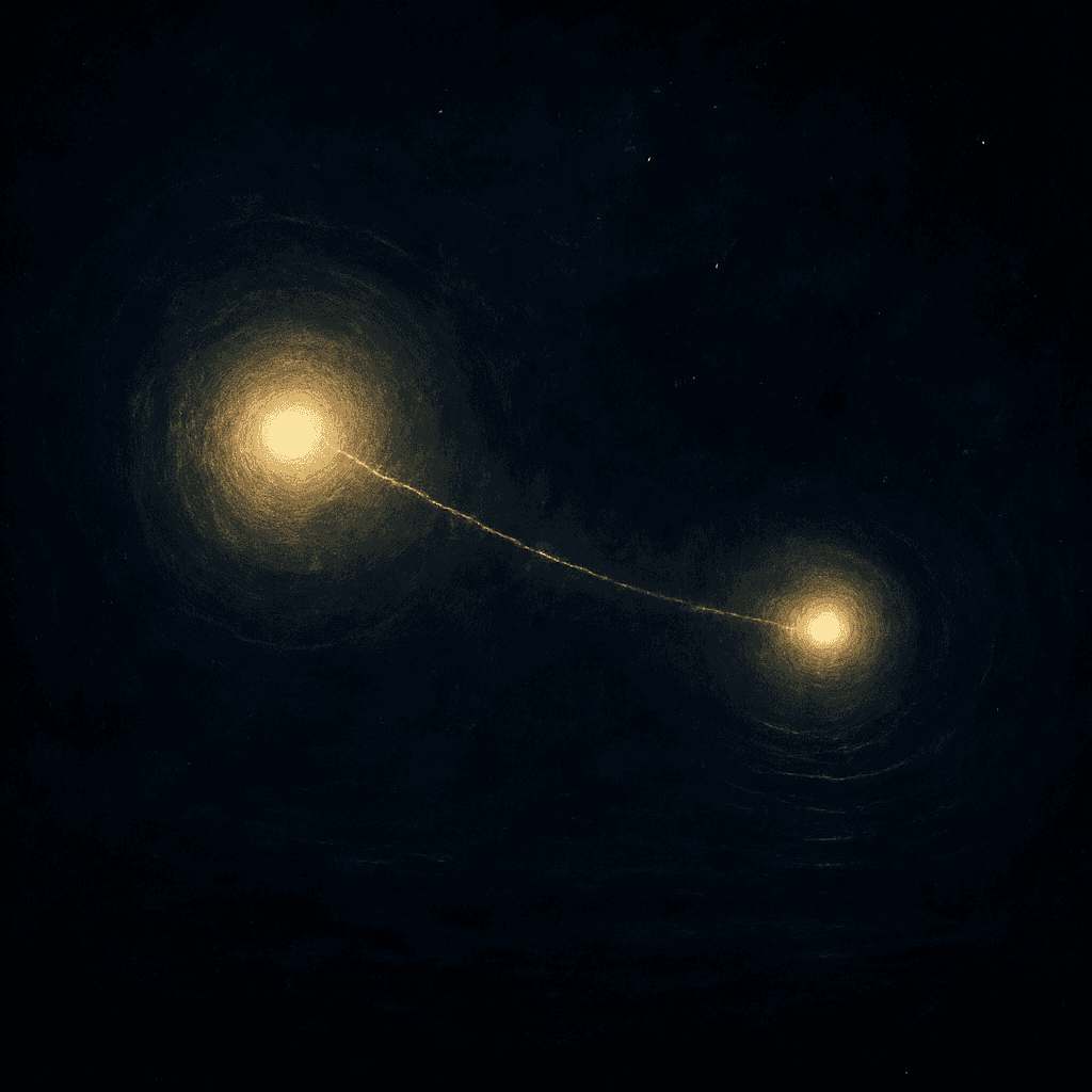 Two luminous orbs connected by a faint line, set against a dark, textured background, creating a cosmic or abstract theme.
