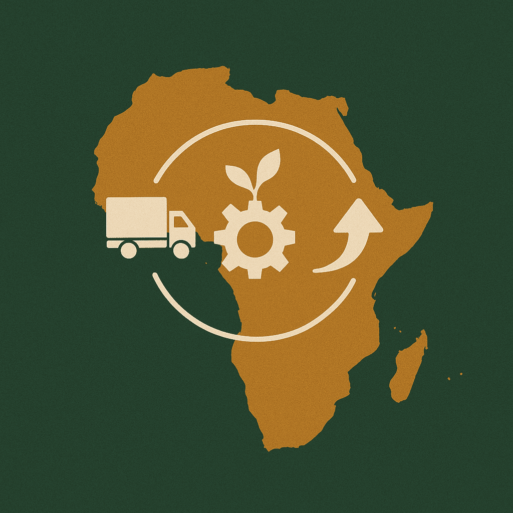 An illustration featuring the outline of Africa in orange, with a white truck, gear, and sprouting plant icons arranged in a circular flow.