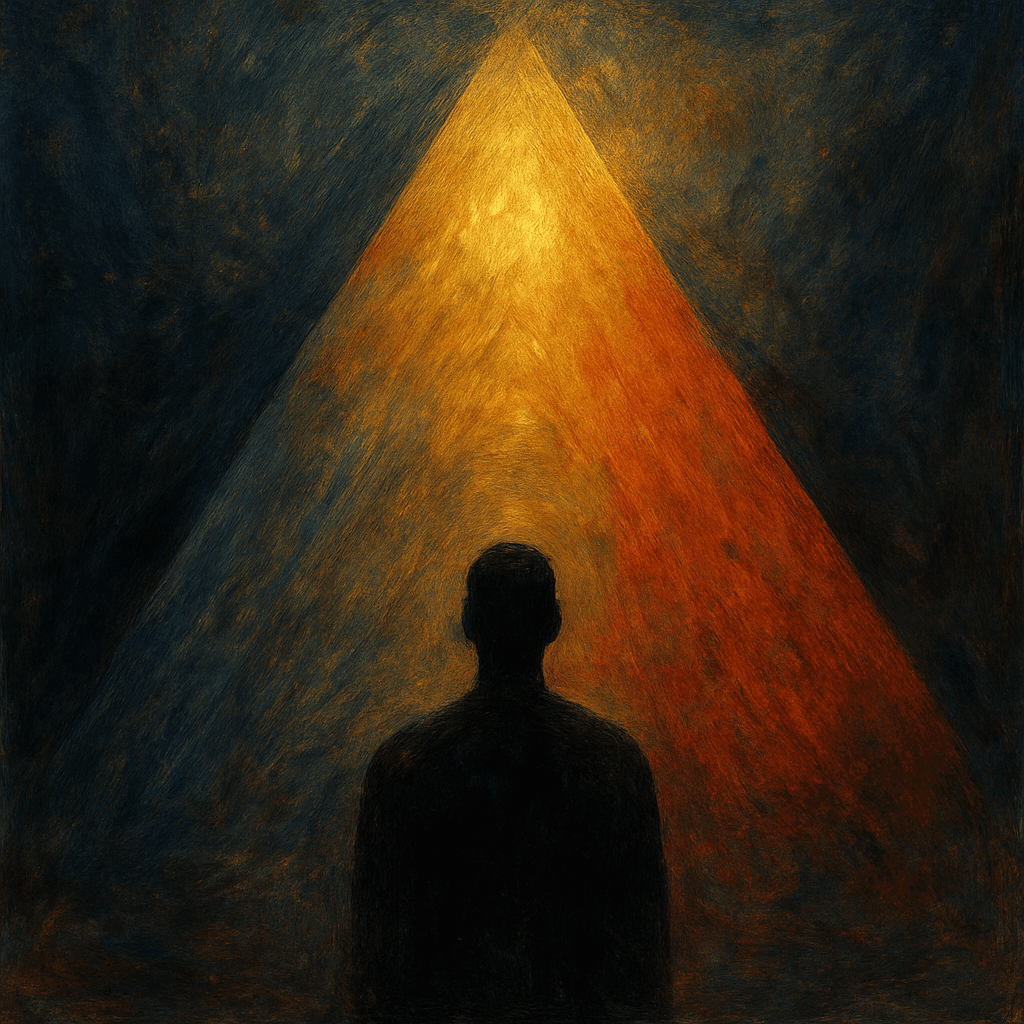 A silhouette of a person is positioned in front of a triangular gradient of warm colors, suggesting a beam of light in an abstract, textured style.