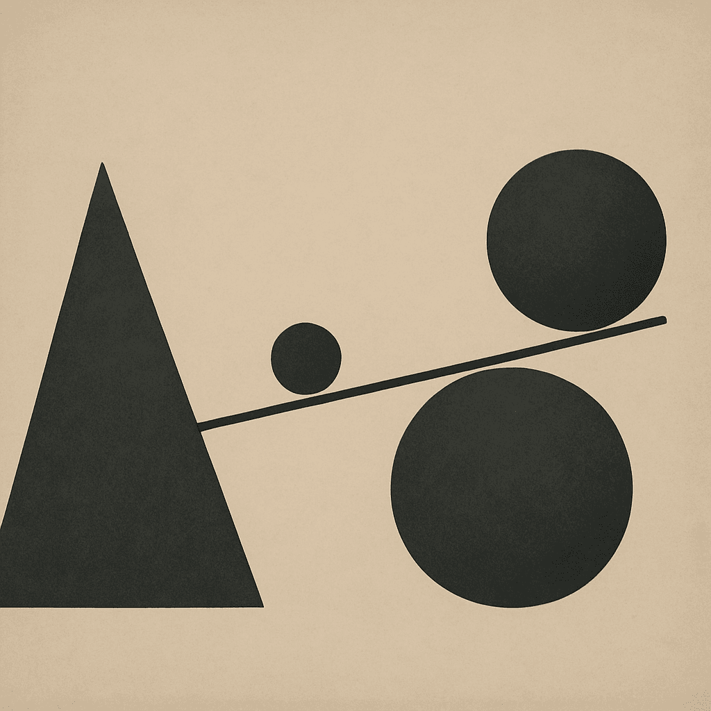 Geometric shapes including a triangle, two circles, and a line are arranged on a textured light background in a minimalist style.