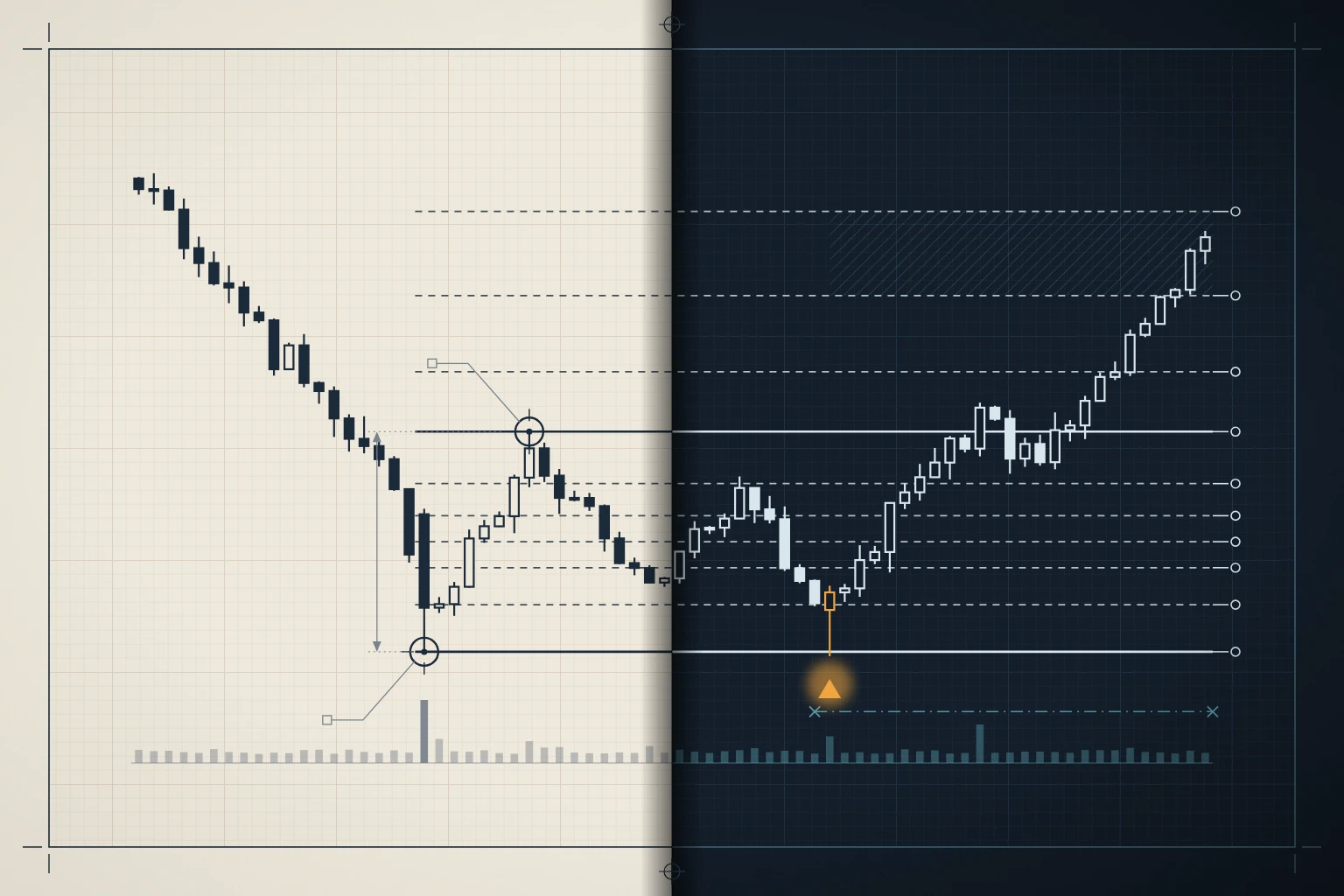 A financial chart illustrating stock price movements with trend lines, horizontal support and resistance levels, and annotated volumes, set against a dual-toned background.
