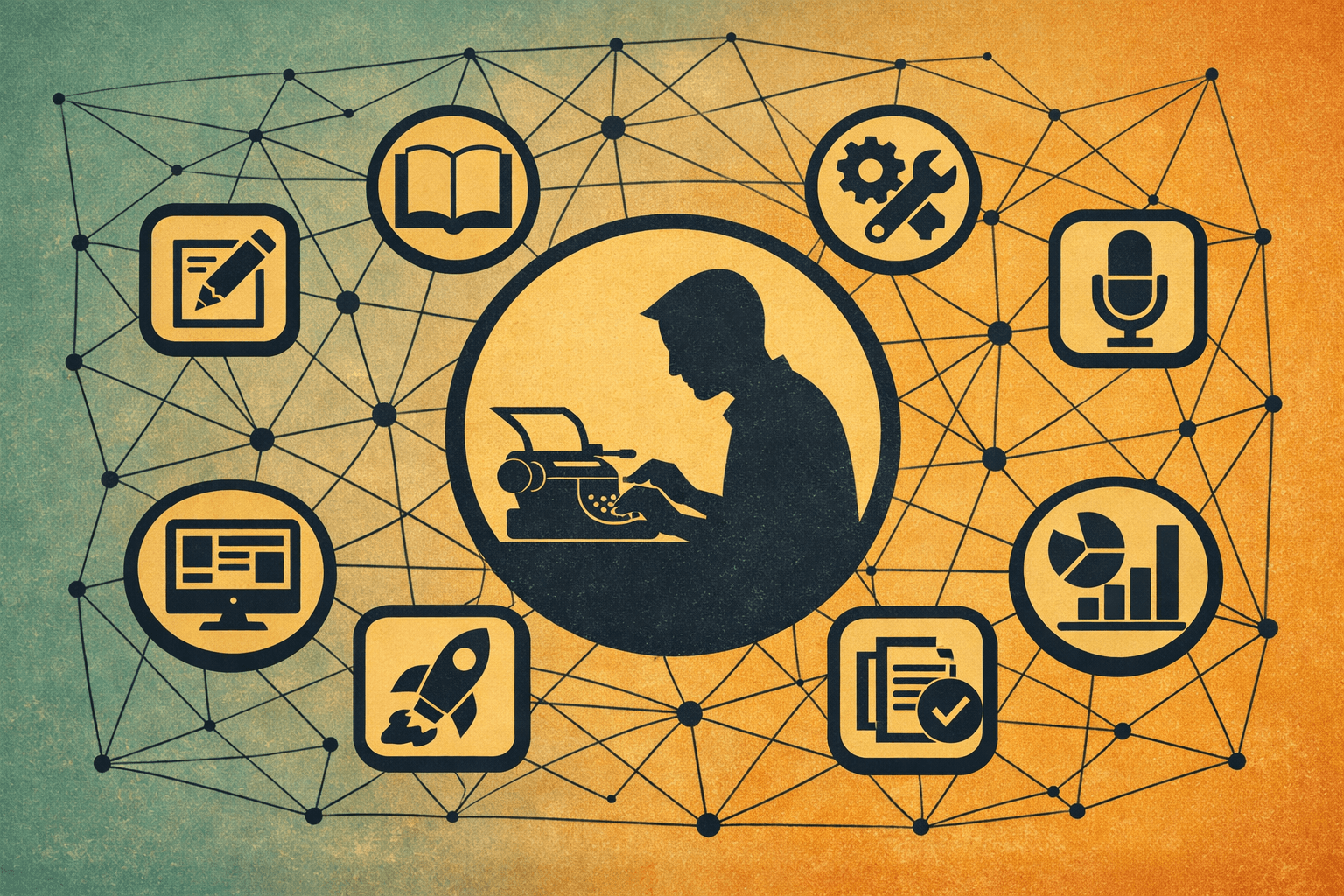 A silhouette of a writer using a typewriter is surrounded by various icons representing writing, technology, and analysis, set against a gradient background of orange and teal.