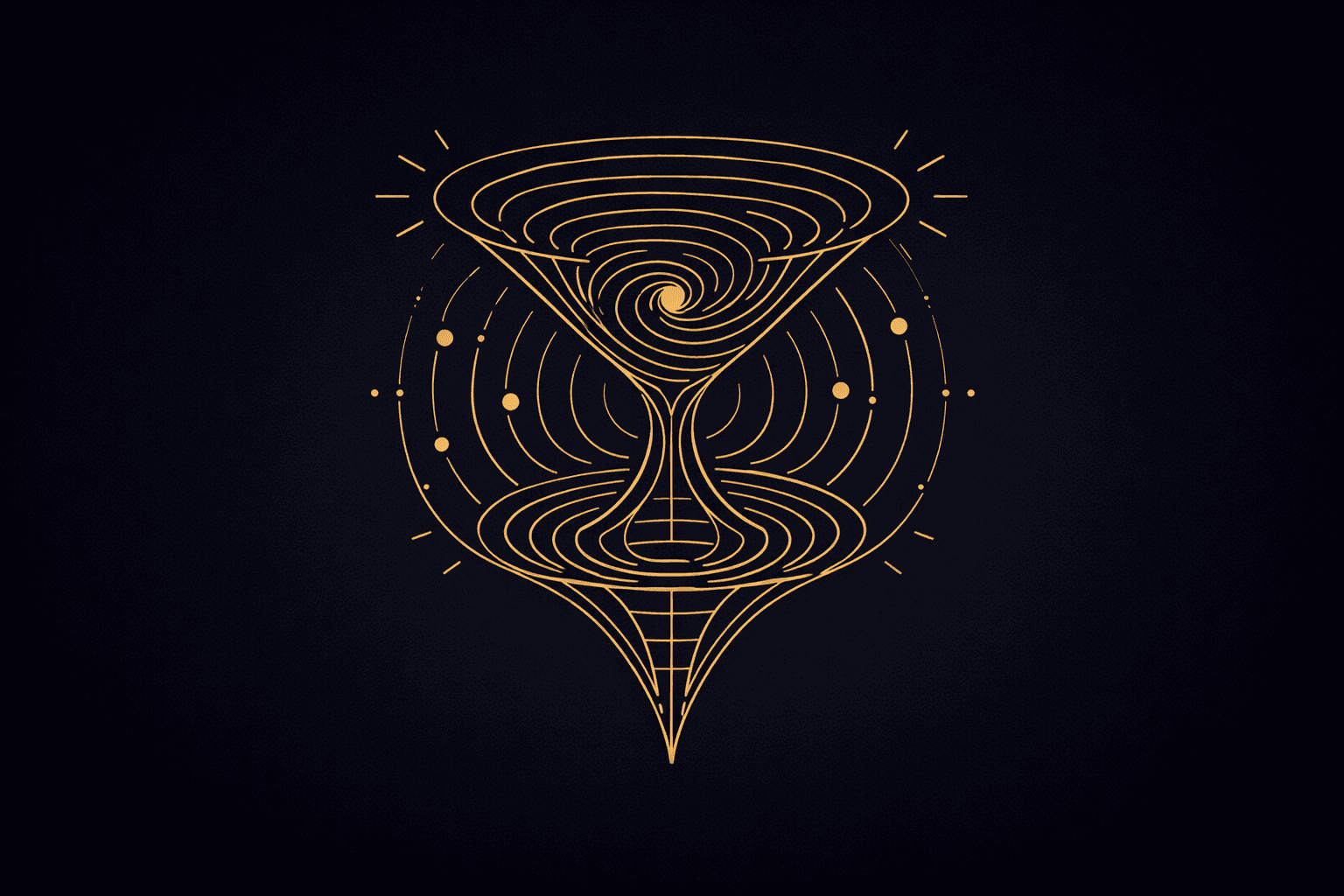An abstract illustration featuring a swirling vortex design in gold lines against a dark background, resembling a martini glass shape.