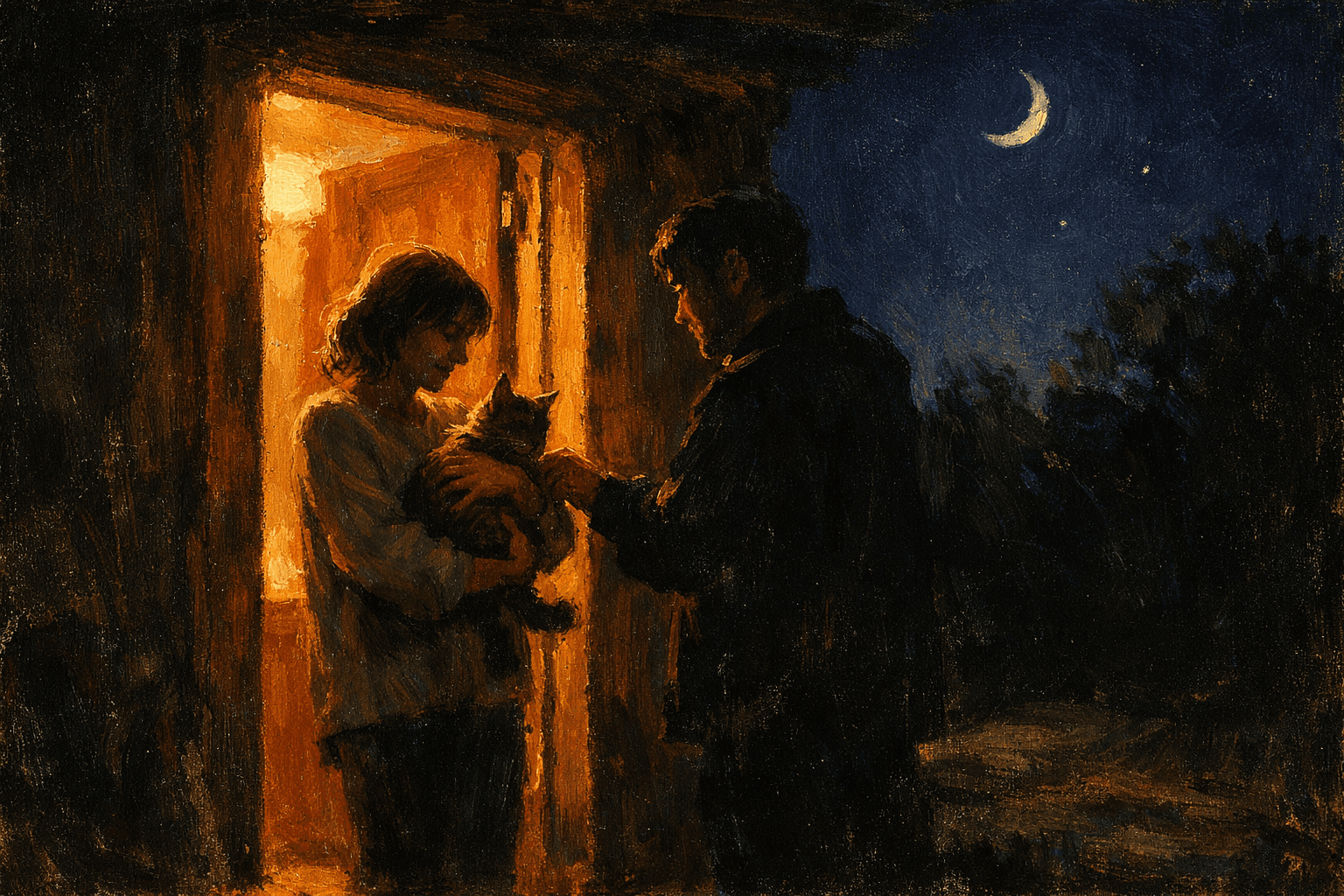 A warm, twilight scene depicting a woman holding a cat as a man reaches out to her at an open door, with a crescent moon and stars visible in the night sky.