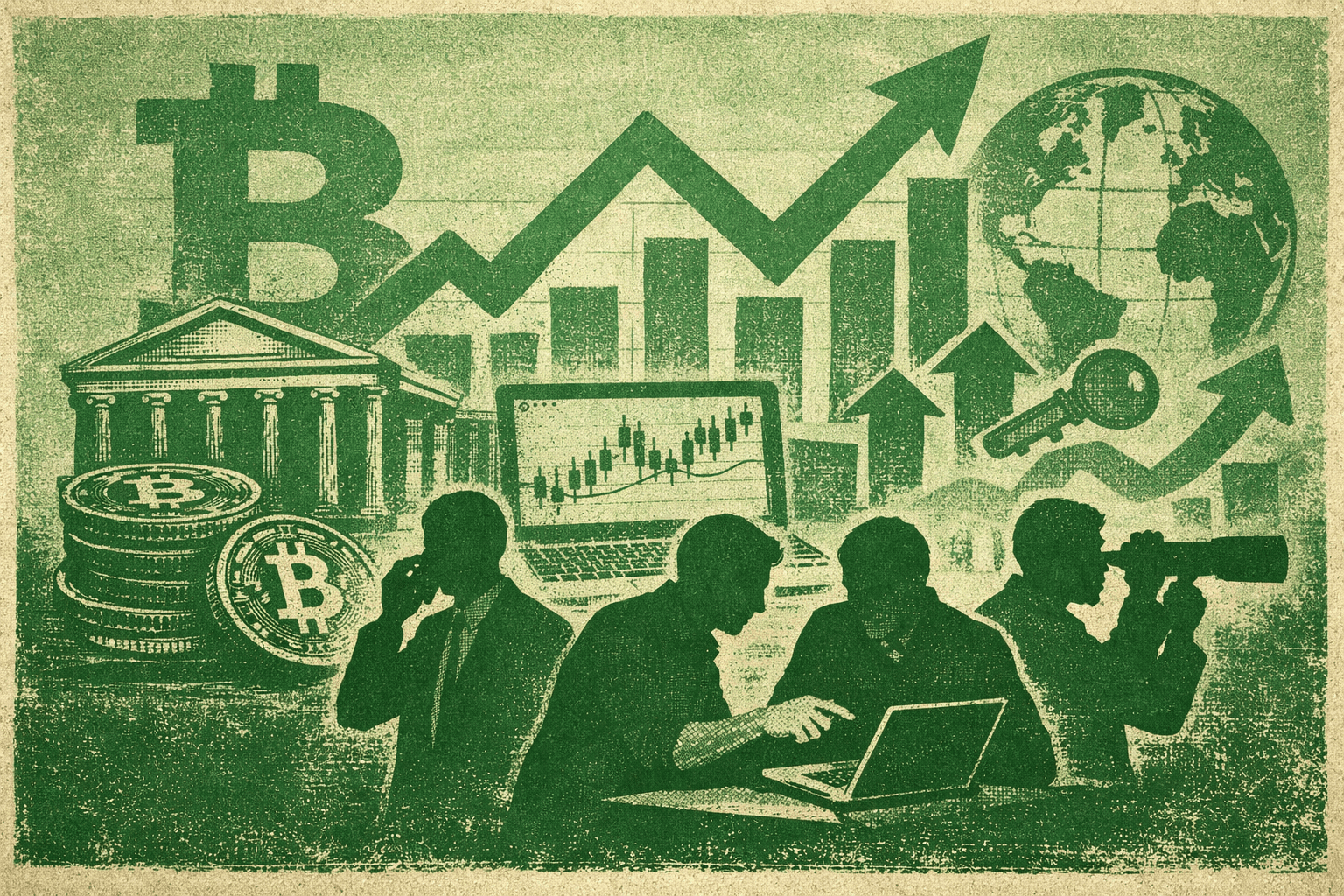 Silhouetted figures explore cryptocurrency themes against a backdrop of graphs, coins, and a globe, depicted in a green-toned, vintage illustration style.