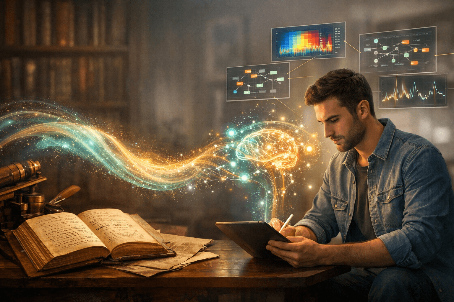 A man in a denim jacket writes on a tablet at a desk with an open book, while colorful data visualizations and a glowing brain illustration emanate from the tablet.