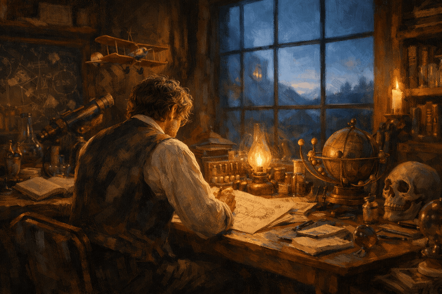 A man in a vintage study, illuminated by warm light, sketches plans at a wooden desk surrounded by scientific instruments, books, and a globe, with a window showing a twilight landscape.