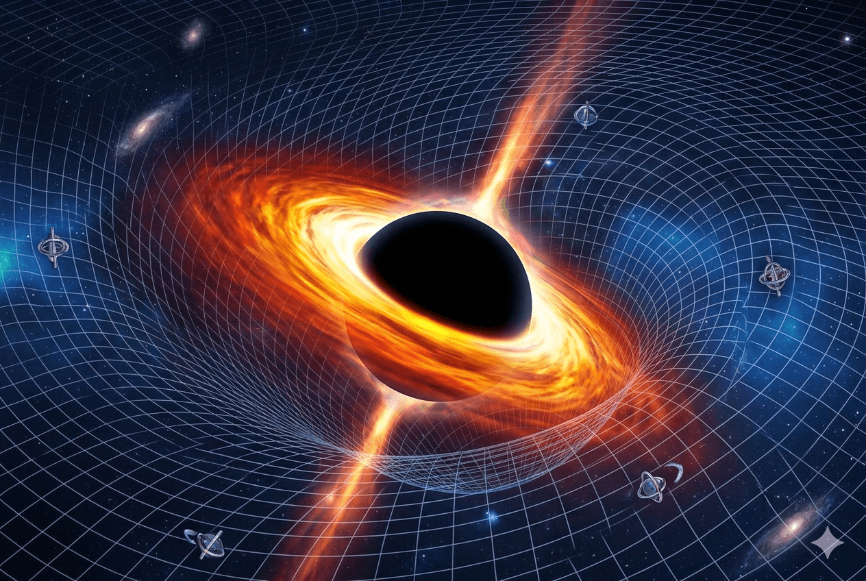 A black hole surrounded by a swirling vortex of orange and yellow energy, set against a grid-like backdrop of a starry galaxy.