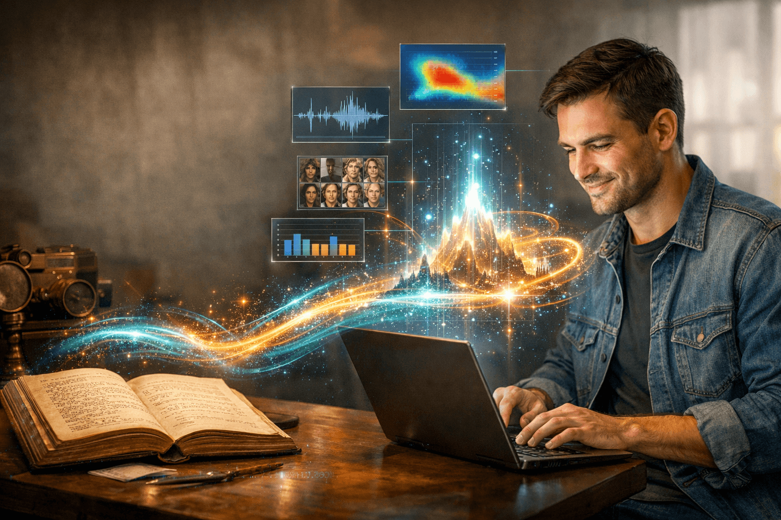 A man is working on a laptop at a wooden table, surrounded by floating digital graphics and a glowing mountain in a surreal, blended reality style.