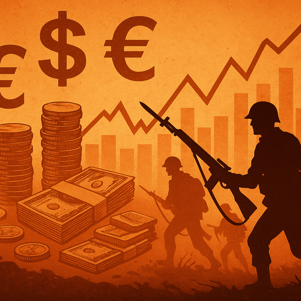 Silhouetted figures of soldiers stand in front of stacks of money and currency symbols on a gradient orange background, with an upward-trending graph behind them.