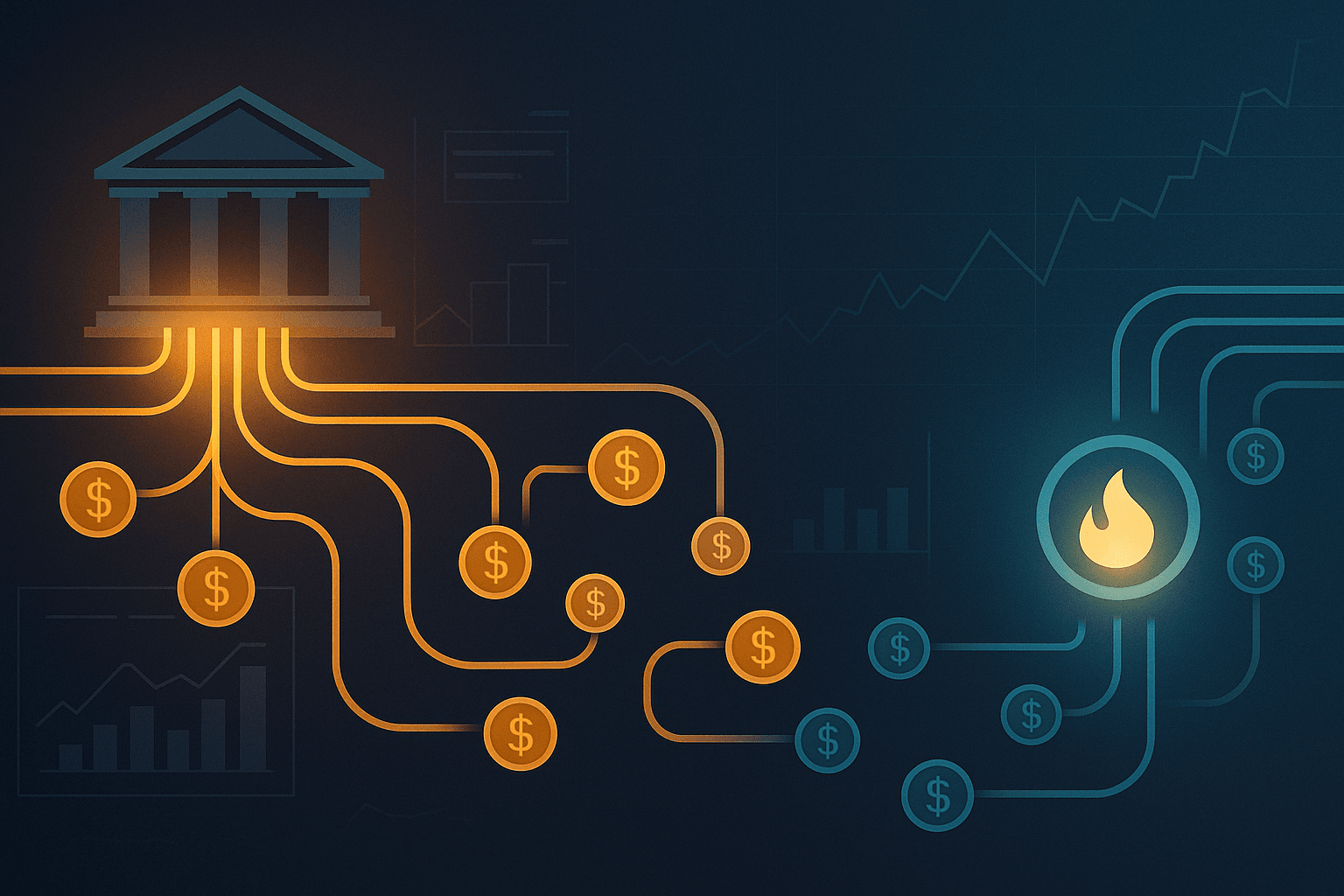 Abstract illustration of dollar tokens flowing through pipes and balance sheets, with sections lit up for easing and dimmed for tightening