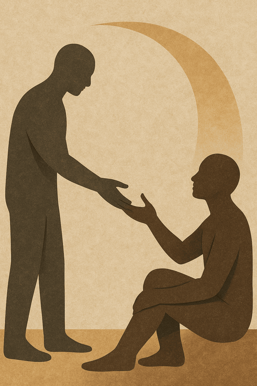 Two abstract human figures are depicted in a minimalist style, with one figure reaching out a hand to the other, set against a textured brown background and a crescent shape above them.