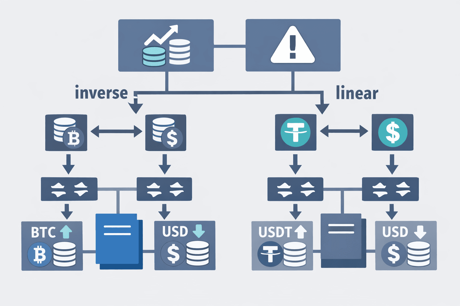 Flowchart depicting financial concepts with arrows connecting symbols for Bitcoin (BTC), US Dollar (USD), and Tether (USDT) using a blue and gray color scheme.
