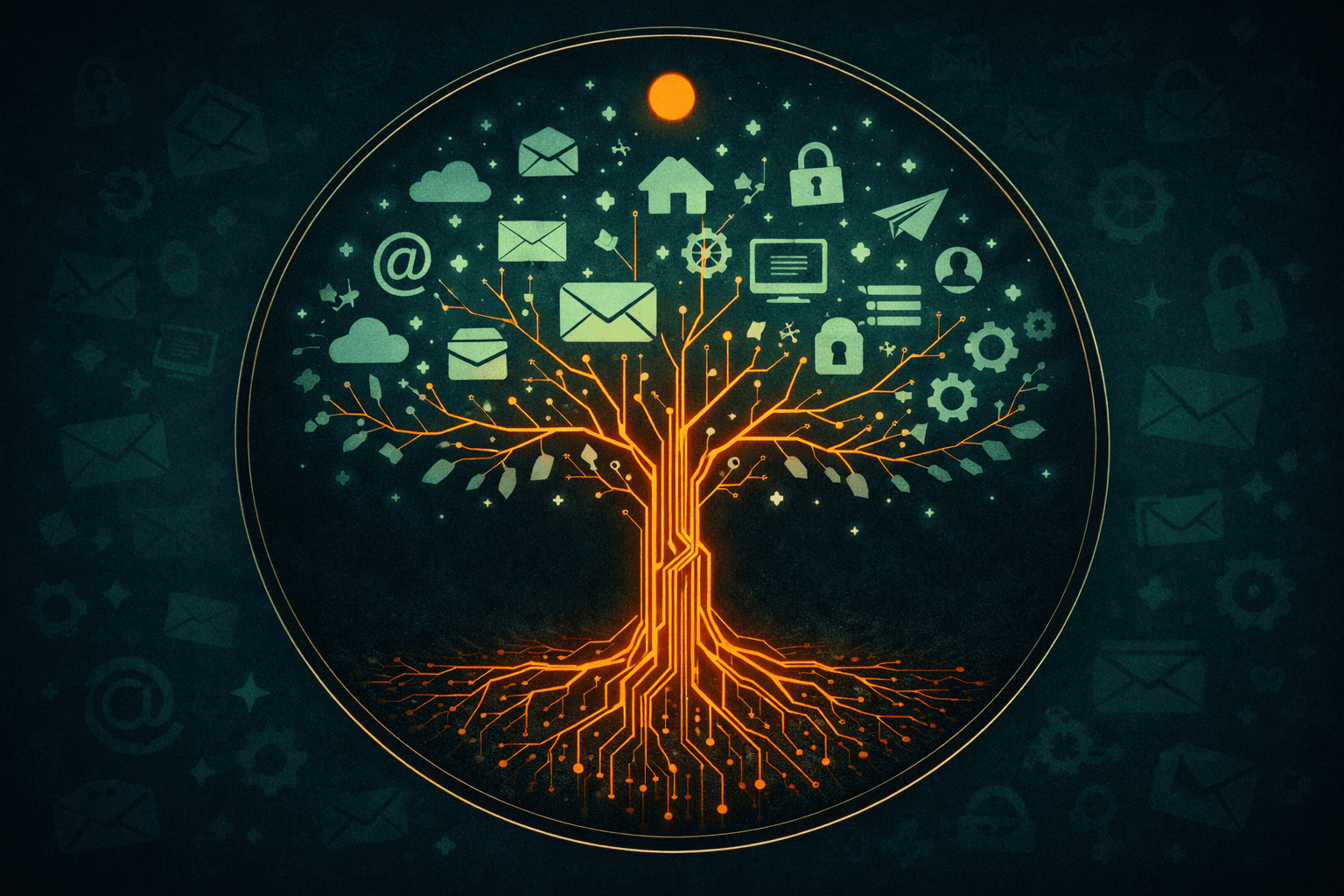 A stylized digital tree with glowing orange roots and branches, surrounded by various icons representing communication, security, and technology.