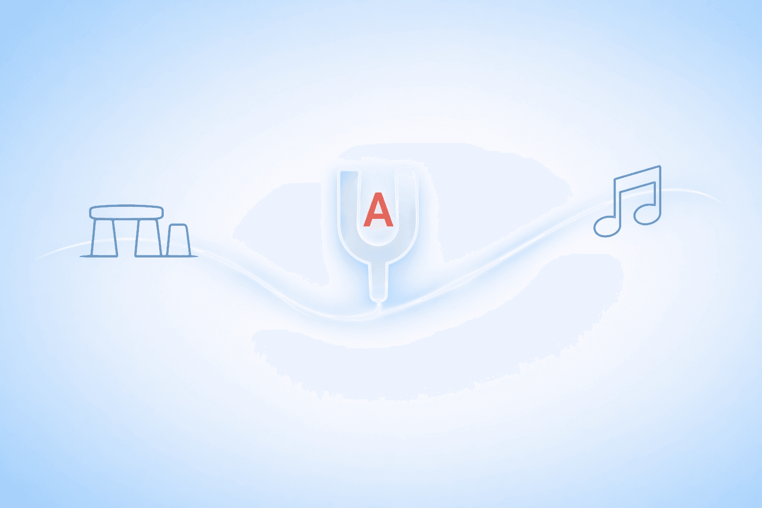 A minimalist design featuring a tuning fork at the center with a red letter "A," flanked by simple line drawings of a stool and a music note on a soft blue background.
