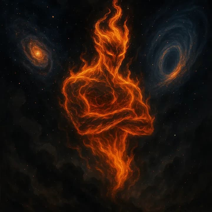 A mystical figure composed of flames stands amidst a starry background, flanked by two galaxies.