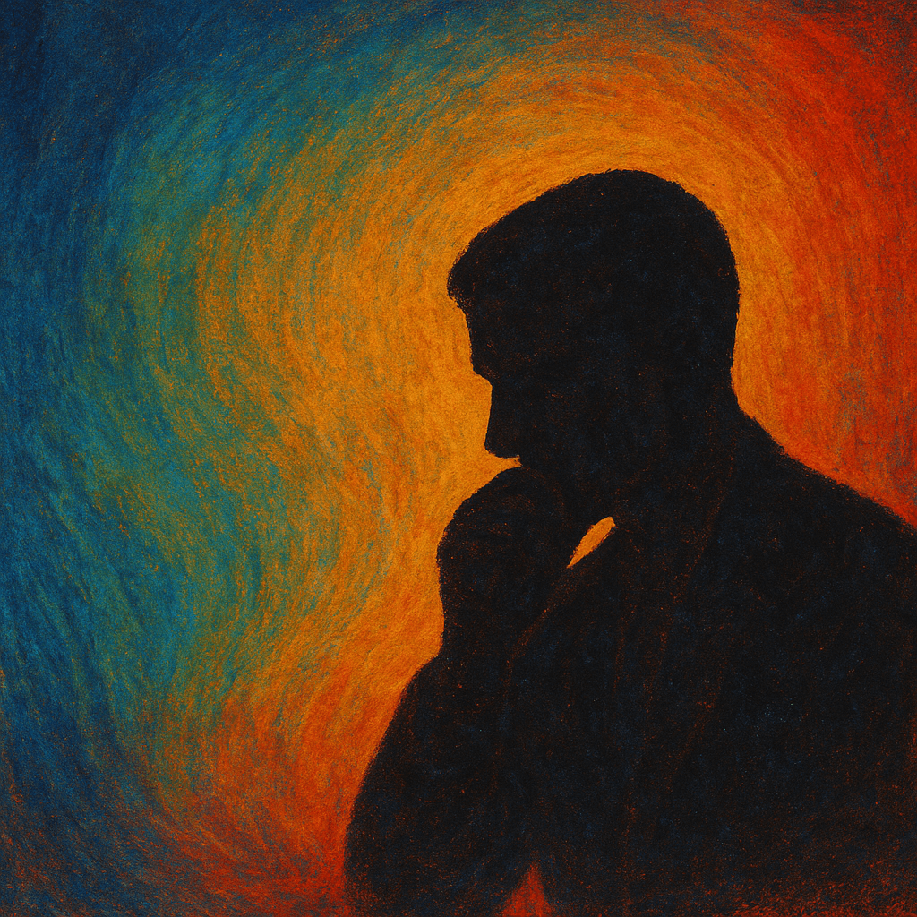 A silhouette of a man in a suit, thoughtfully posed with his chin resting on his hand, against a vibrant gradient background of blue and orange swirls.