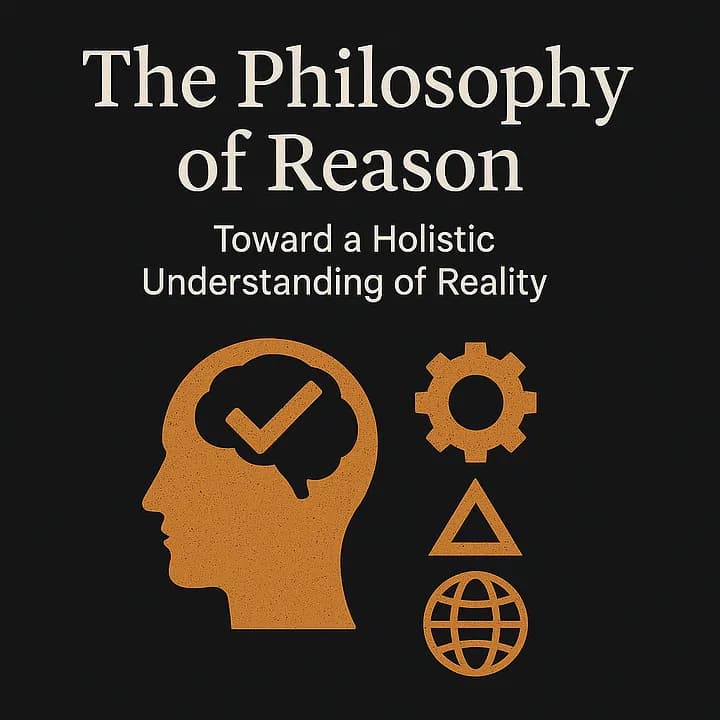 A graphic featuring a silhouette of a head with a checkmark inside, accompanied by icons of a gear, a globe, and geometric shapes, all set against a black background with the title "The Philosophy of Reason" above.