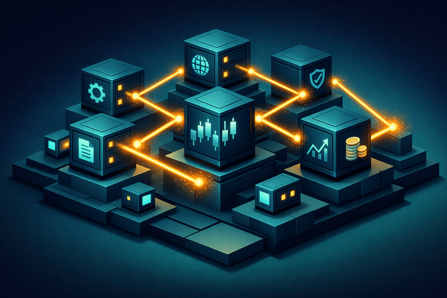 Digital blocks connected with glowing lines, illustrating concepts of technology and data exchange in a graphic, futuristic style.