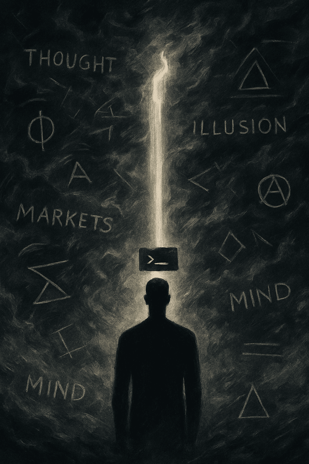 A silhouette of a person stands in the foreground against a dark background filled with geometric symbols and the words "Thought," "Illusion," "Markets," and "Mind," with a beam of light emanating from above their head.