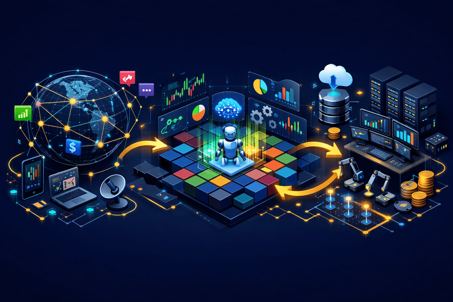 A colorful digital illustration depicting a robot analyzing data amidst global networks, charts, and automated machinery, conveying themes of technology and artificial intelligence.