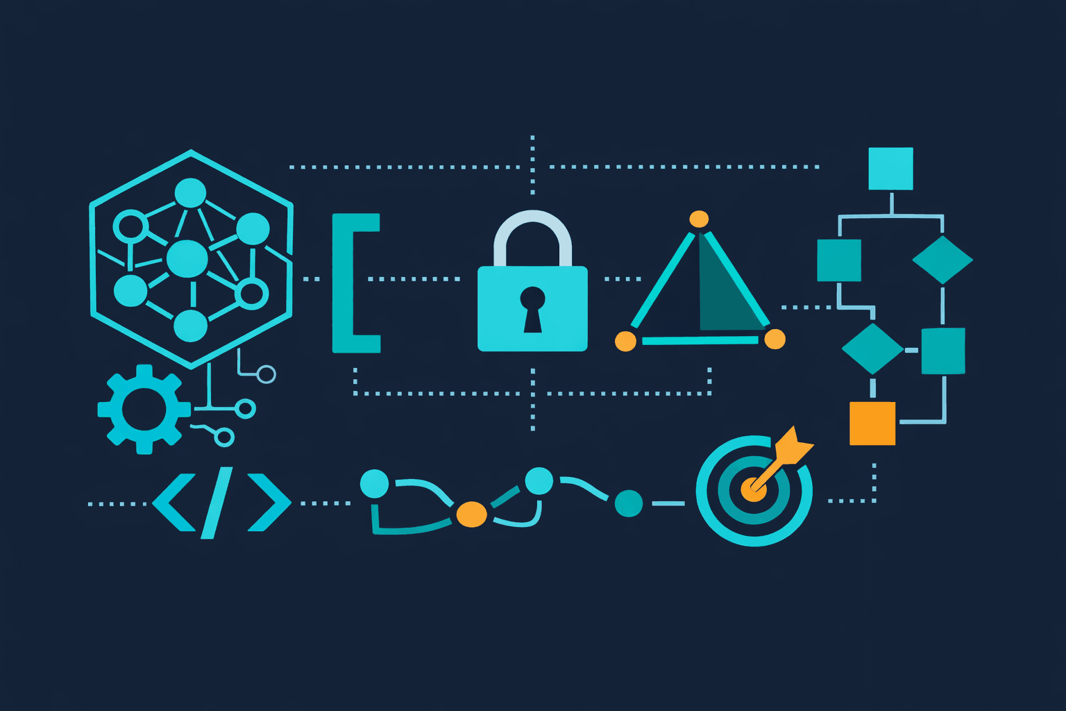 A digital illustration featuring various abstract shapes and icons representing technology, security, and data analysis on a dark blue background.