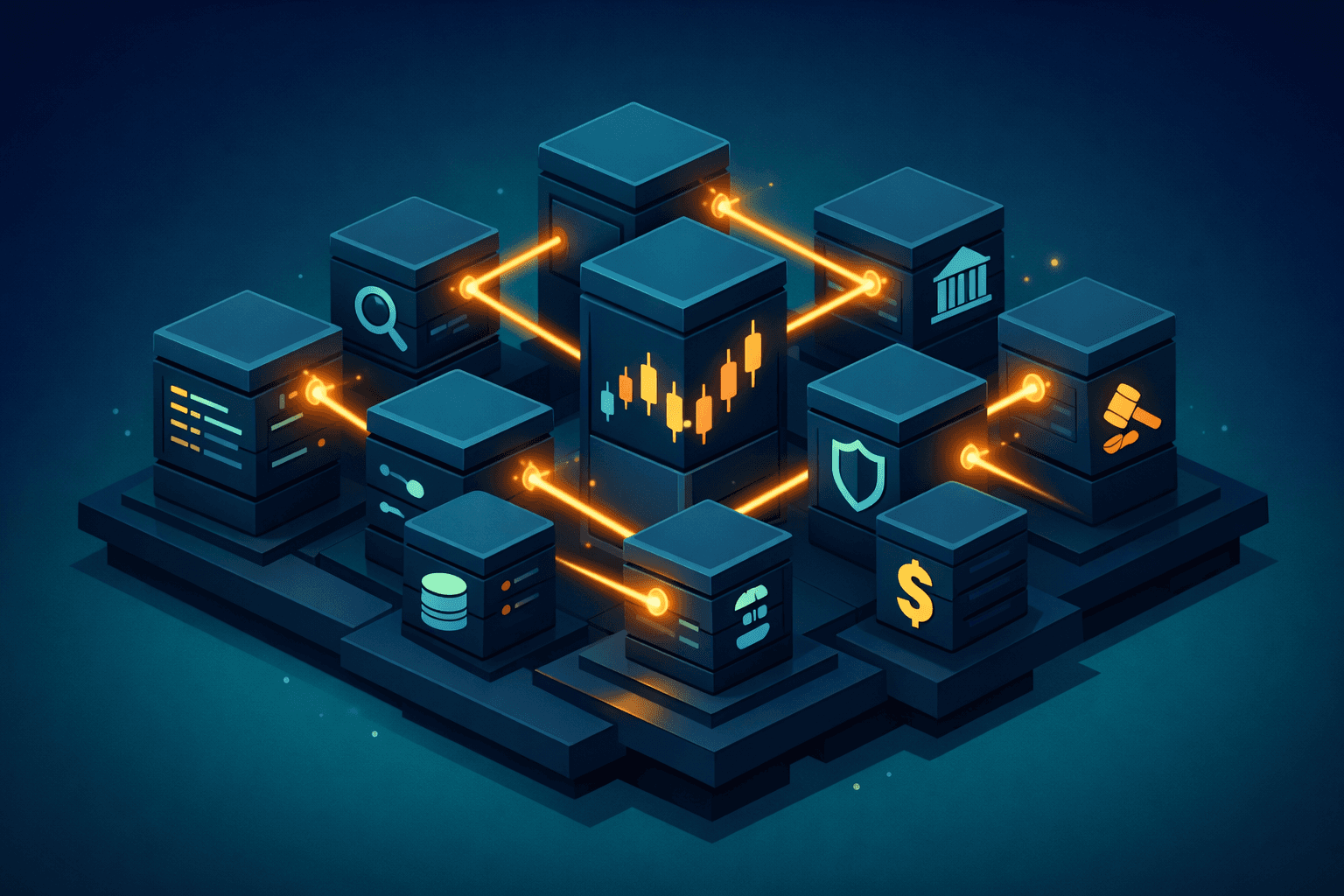 Illustration of interconnected database icons with glowing lines and data symbols, depicting a digital network or data management system in a dark, futuristic style.