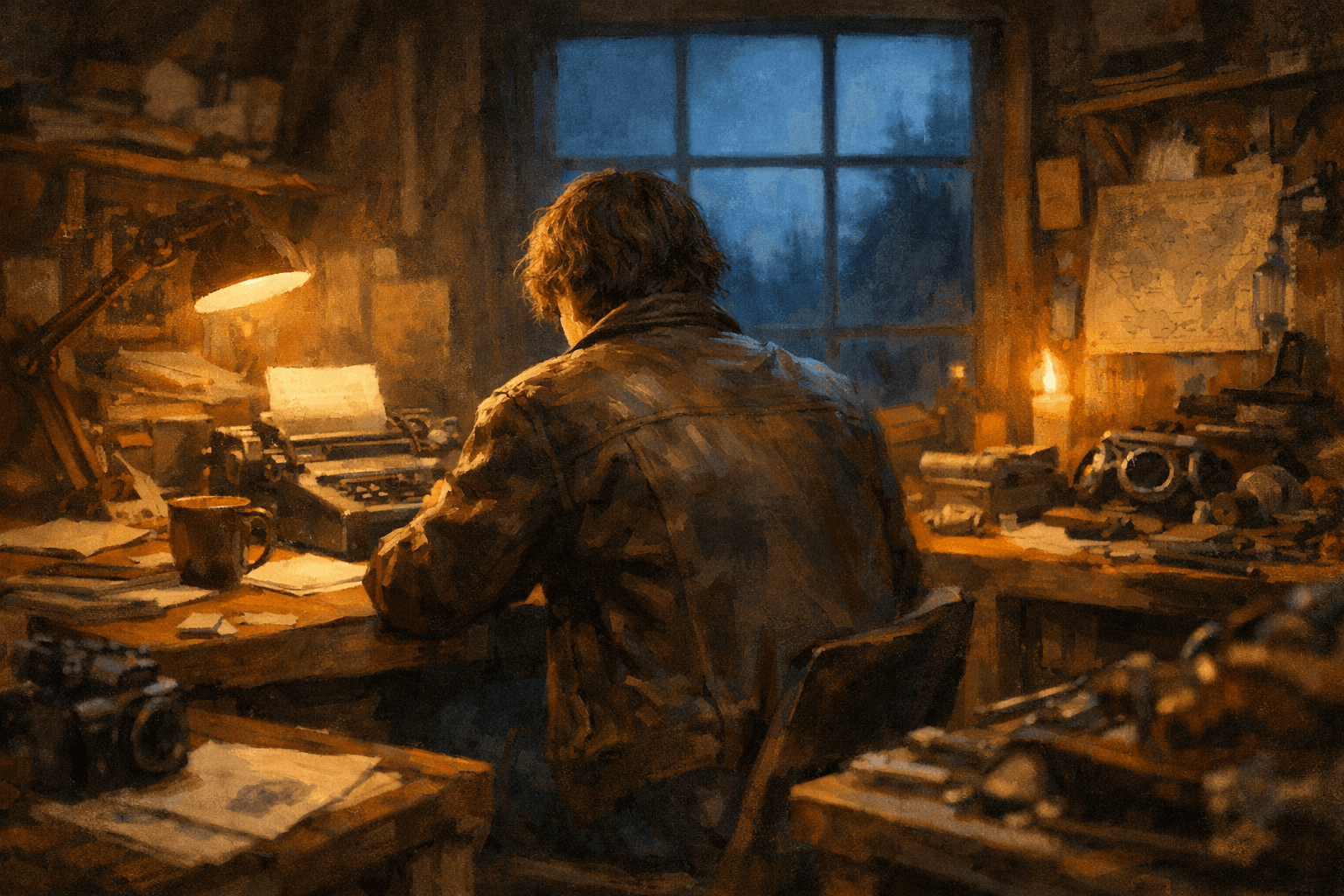 A figure in a leather jacket sits at a cluttered wooden desk with a typewriter, illuminated by a warm desk lamp in a dimly lit room with a window showing a night scene outside.