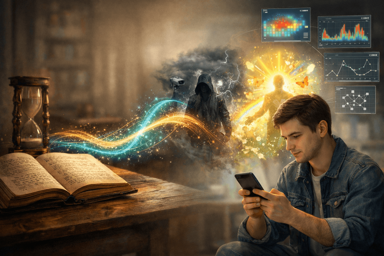 A young man sits at a wooden table reading a smartphone, with an open book and ethereal, colorful graphics illustrating data and figures emerging in the background.