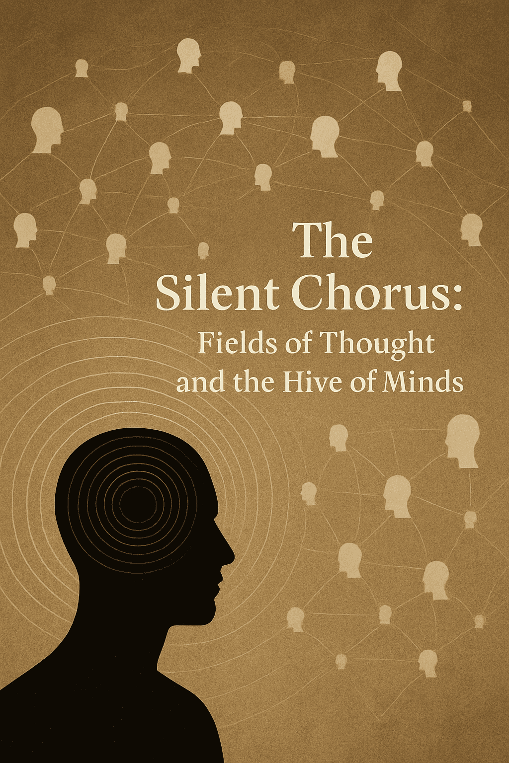 A silhouette of a head with concentric circles, surrounded by interconnected line drawings of heads, featuring the title "The Silent Chorus: Fields of Thought and the Hive of Minds" in a simple, modern font.