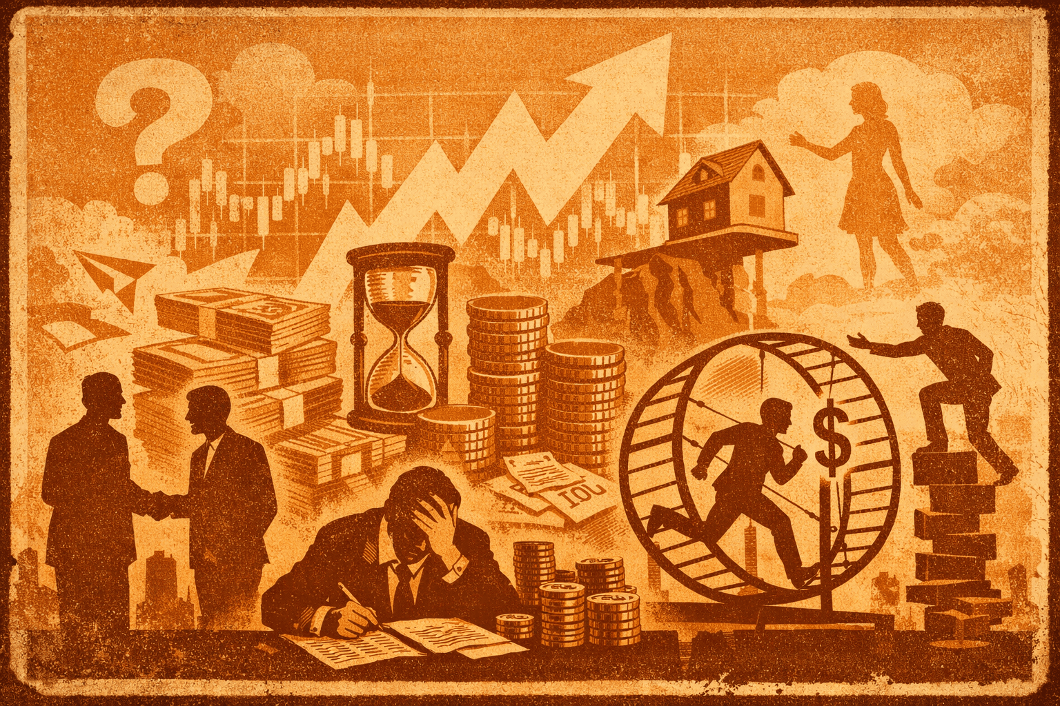 Vintage-style illustration depicting businessmen negotiating, a person on a treadmill representing financial struggle, charts and dollar signs, and a woman in the background symbolizing ambition and real estate.