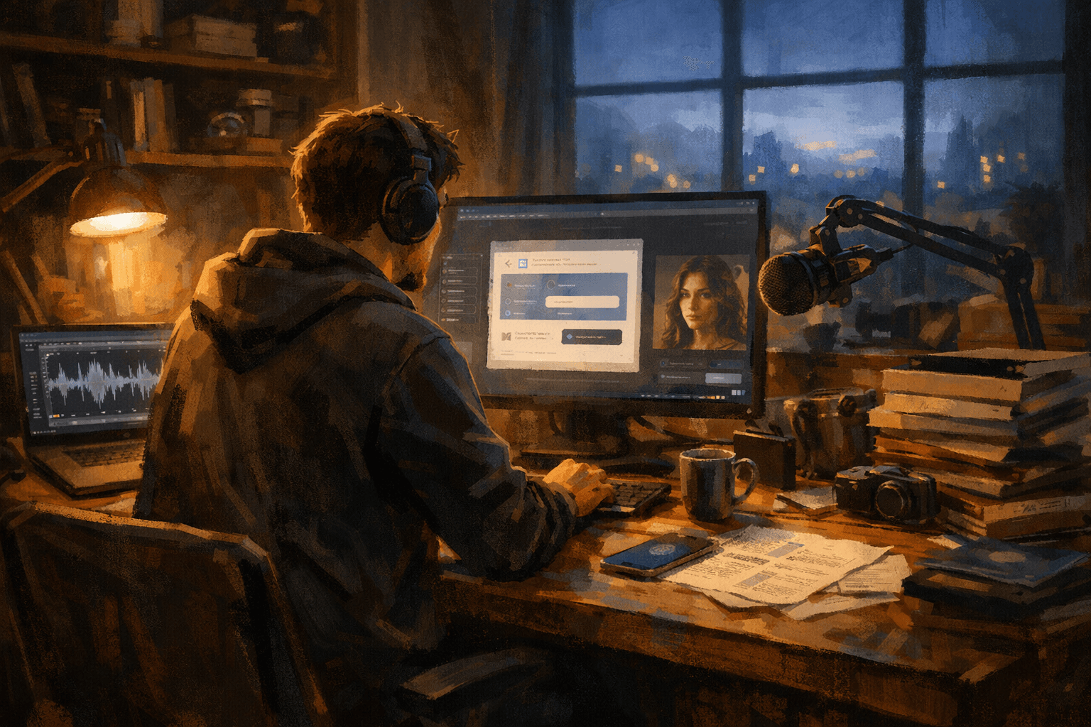 A person wearing headphones sits at a cluttered desk with a computer, displaying a chat interface, in a dimly lit room filled with books and filming equipment, while looking out a window at a cityscape.