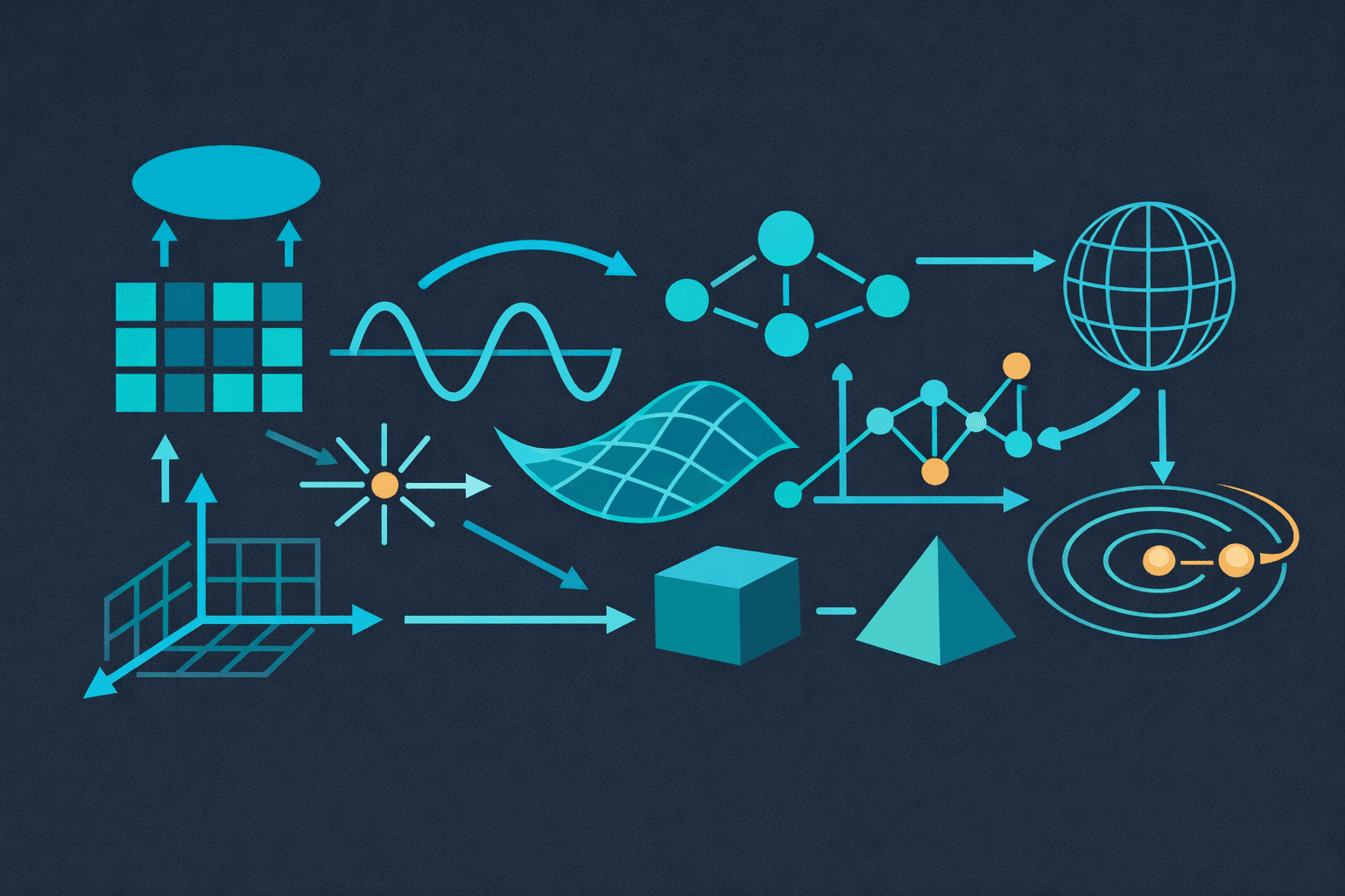 A dark blue background features a variety of light blue and orange geometric shapes, graphs, and diagrams arranged in a pattern, illustrating concepts in data science and mathematical relationships.