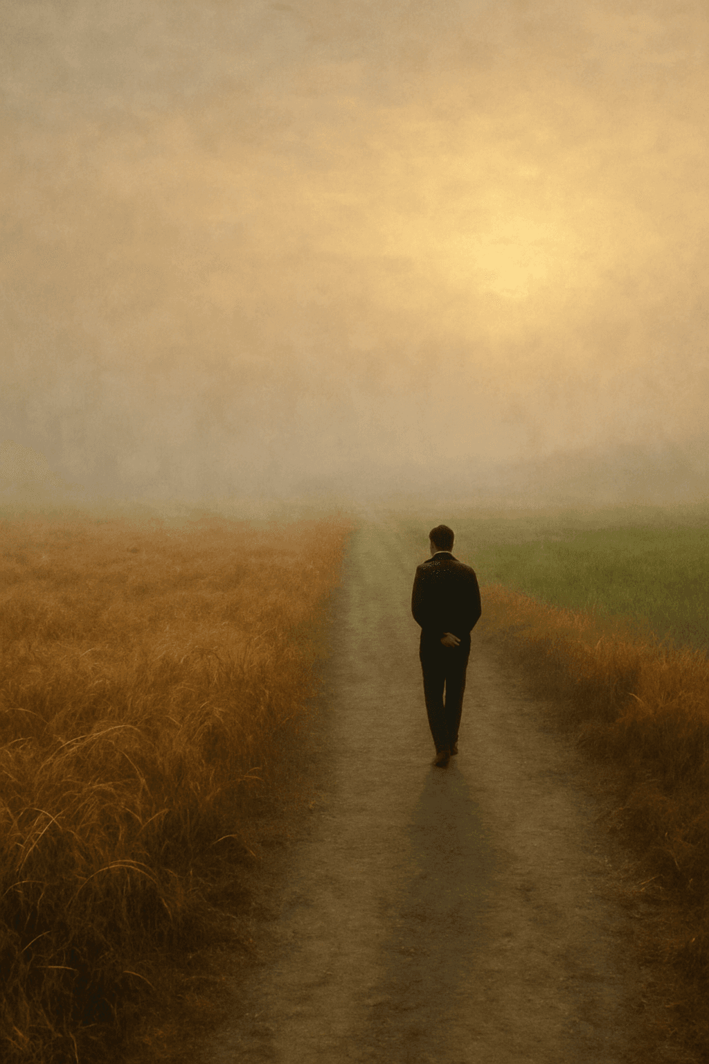 A man in a black suit walks down a foggy path lined with golden grass on one side and green fields on the other, illuminated by soft, hazy light.